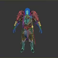 Man with White Hair in Blue Silver Armor and Large Shoulder Ornaments on Gray Background