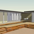 Modern Building Exterior with Large Glass Windows Open Design and Wooden Deck