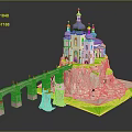 Cartoon Scene With Blue Domes Building Golden Spires Green Accents On Cliff And Pink Bridge