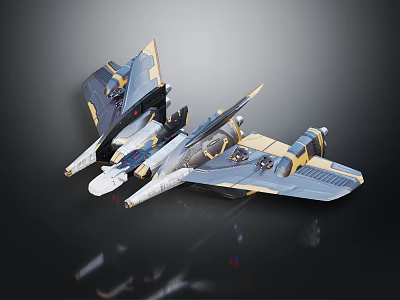 Detailed Futuristic Sci Fi Spaceship Model With Aerodynamic Wings And Gold Blue Accents 3d model