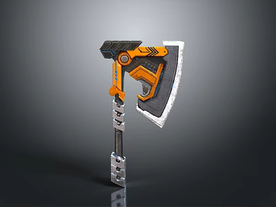 Orange And Black Modern Sci Fi Style Axe Weapon With Metallic Handle And Silver Blade 3d model