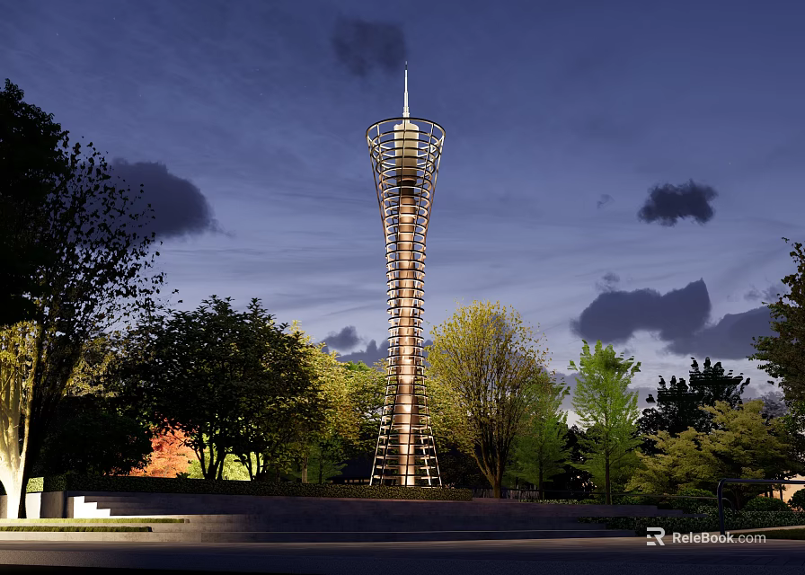Modern Tower With Metal Spiral Structure And Trees In Nighttime View 3d model 