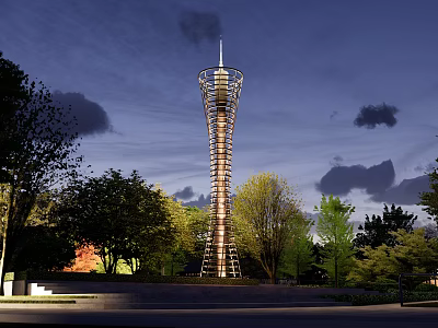 Modern Tower With Metal Spiral Structure And Trees In Nighttime View 3d model