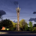Modern Tower With Metal Spiral Structure And Trees In Nighttime View 3d model