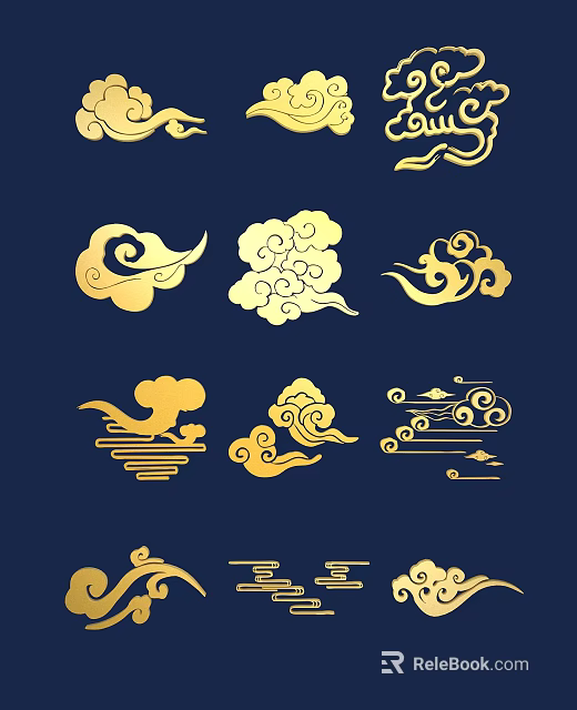 Traditional Wall Decor With Golden Cloud Patterns On Dark Blue Background 3d model