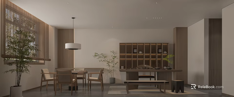 Minimalist Teahouse Interior With Wooden Furniture Tea Cabinet And Potted Plant 3d model 