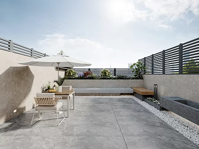 Rooftop Garden With Outdoor Furniture Umbrella And Plants 3d model