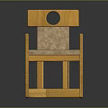 Yellowish Wooden Leisure Chair With Square Backrest Circular Cutout And Beige Fabric Seat
