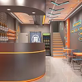 Modern Stylish Mall Shop Interior With Curved Counter Orange Black Color Hanging Kitchenware Neon Sign