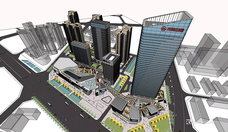 Modern Commercial Landscape With High Rise Buildings And Urban Plaza Design 3d model 