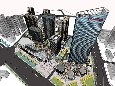 Modern Commercial Landscape With High Rise Buildings And Urban Plaza Design 3d model