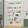 White Glass Door Kitchen Storage Cabinet Organizing Food Containers And Microwave