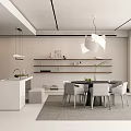 Modern Minimalist Restaurant Interior With Dining Table Chairs Pendant Lights And Decorative Shelves