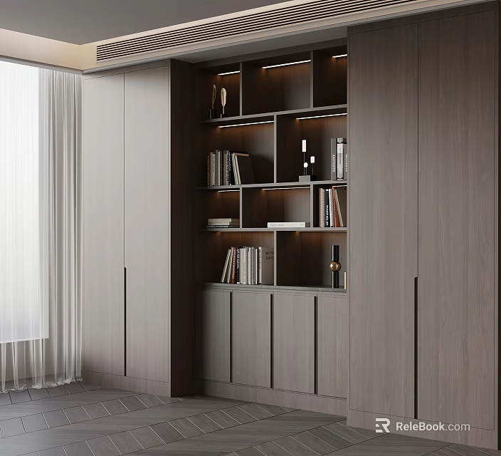 Modern Gray Built in Bookcase with LED Lighting Shelves Books and Decor Items 3d model 