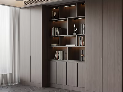 Modern Gray Built in Bookcase with LED Lighting Shelves Books and Decor Items 3d model