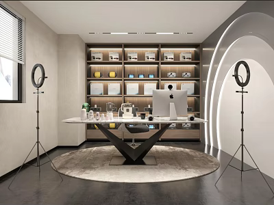 Modern Office Interior With Large Desk Computer Bookshelf Ring Lights Rug And Curved Lighting Design 3d model