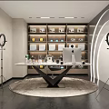 Modern Office Interior With Large Desk Computer Bookshelf Ring Lights Rug And Curved Lighting Design