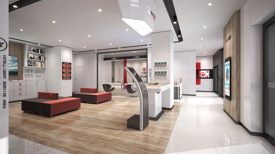 Modern Service Hall Interior Design With Reception Desk Red Sofas And Display Shelves 3d model 