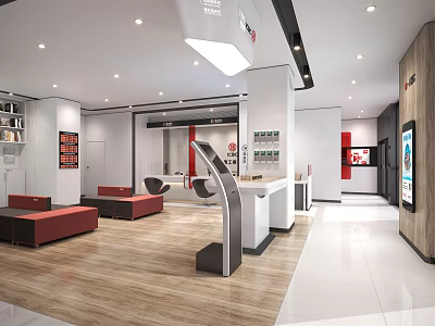 Modern Service Hall Interior Design With Reception Desk Red Sofas And Display Shelves 3d model