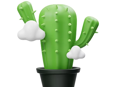 Green Cactus Plant in Black Pot with White Cloud Decorations and Spines 3d model