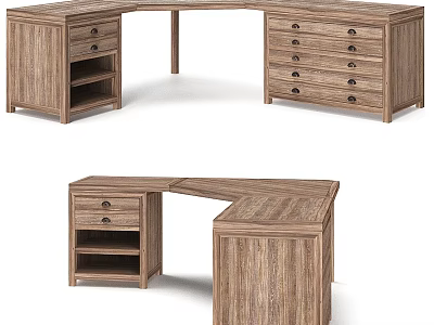 Rustic Wooden Corner Desk With Drawers And Open Shelf Design 3d model