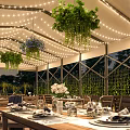 Outdoor Restaurant Patio With Canopy Plants String Lights And Dining Tables 3d model