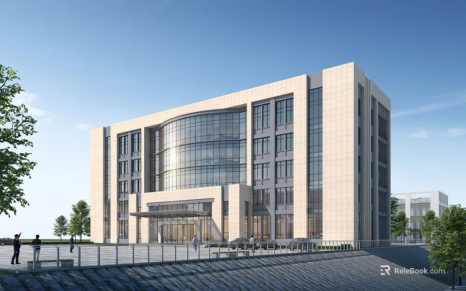 Modern Office Building Exterior With Glass Curtain Wall Stone Facade Entrance And Trees 3d model 