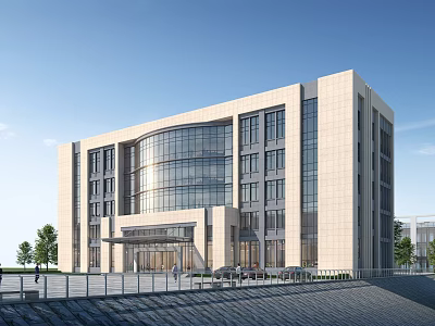 Modern Office Building Exterior With Glass Curtain Wall Stone Facade Entrance And Trees 3d model
