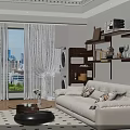 Bright Modern Living Room Interior With White Sofa Black Coffee Table And City View
