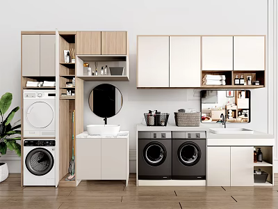 Bathroom Cabinet Rack With Washing Machines Mirror Sink And Storage Cabinets 3d model
