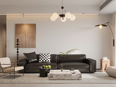 Modern Living Room Interior With Black Leather Sofa Chandelier And Wall Art 3d model