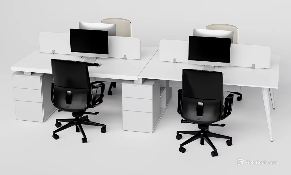 Modern Office Workstations With White Desks Black Chairs And Computer Monitors 3d model