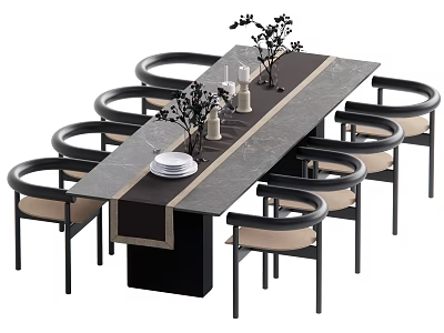 Modern Dining Table Set With Marble Surface Eight Light Upholstered Chairs And Decorative Plants Candles 3d model