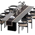 Modern Dining Table Set With Marble Surface Eight Light Upholstered Chairs And Decorative Plants Candles