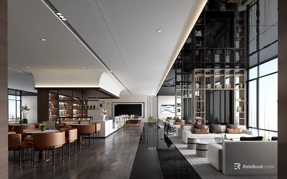 Modern Sales Office Interior Featuring Spacious Layout Sofa Seating Bookshelves And Floor To Ceiling Windows 3d model 