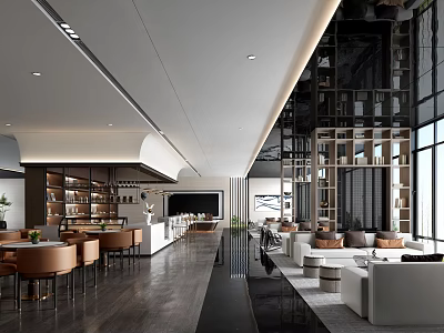 Modern Sales Office Interior Featuring Spacious Layout Sofa Seating Bookshelves And Floor To Ceiling Windows 3d model