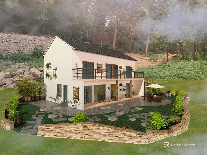 Rustic White Homestay Building With Black Roof And Stone Pathway In Wooded Surroundings 3d model 