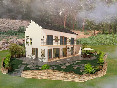 Rustic White Homestay Building With Black Roof And Stone Pathway In Wooded Surroundings 3d model