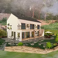 Rustic White Homestay Building With Black Roof And Stone Pathway In Wooded Surroundings