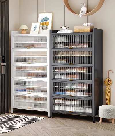Modern White and Gray Shoe Cabinet with Multiple Transparent Drawers for Home Storage Design 3d model