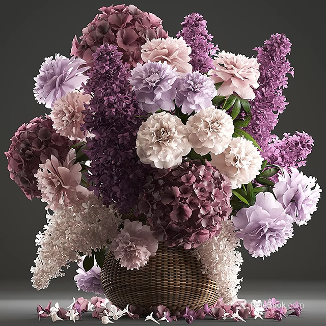 Fresh Assorted Purple Pink And White Flowers With Green Leaves In Woven Basket 3d model 
