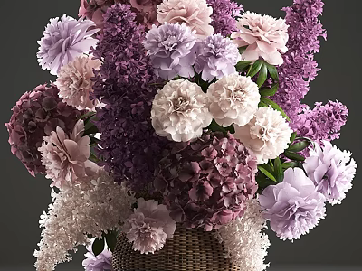 Fresh Assorted Purple Pink And White Flowers With Green Leaves In Woven Basket 3d model