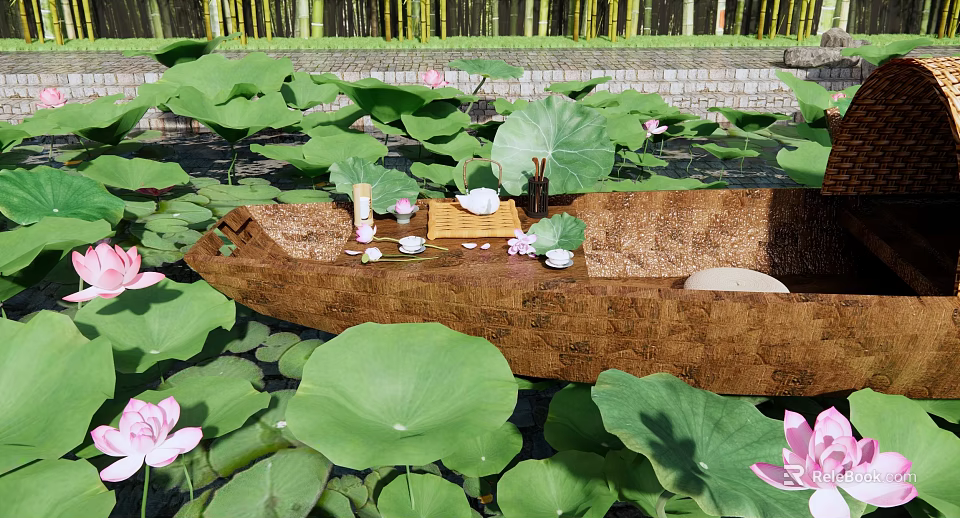 Peaceful Waterside Landscape With Lotus Leaves Pink Flowers Small Boat And Tea Set 3d model 
