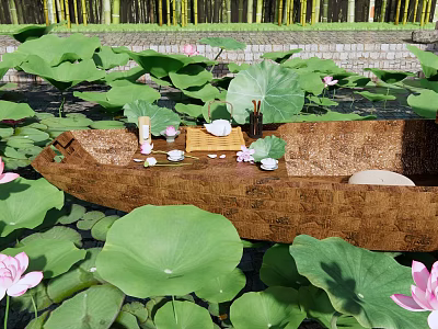 Modern Lotus Pond Waterfront Park Landscape Lotus Pond Wooden Boat Wupeng Boat Jiangnan Water Village Tea Set Tea Cup Tea Tasting Flower Appreciation 3d model