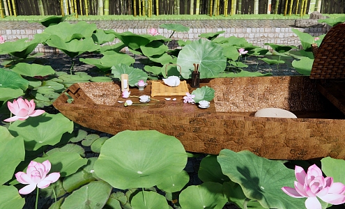 Modern Lotus Pond Waterfront Park Landscape Lotus Pond Wooden Boat Wupeng Boat Jiangnan Water Village Tea Set Tea Cup Tea Tasting Flower Appreciation 3d model