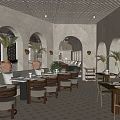 Elegant Restaurant Interior With Arched Doorways Beige Design Palm Plants Round Tables And Sofa Seats