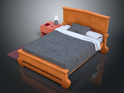Solid Wooden Bed With Gray Quilt White Pillows And Red Nightstand With Lamp 3d model