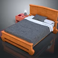 Solid Wooden Bed With Gray Quilt White Pillows And Red Nightstand With Lamp
