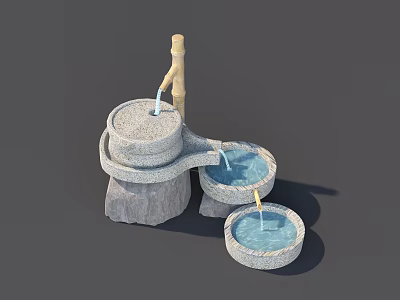 Serene Garden Courtyard Decorative Stone Water Feature With Bamboo Spout And Circular Stone Basins 3d model