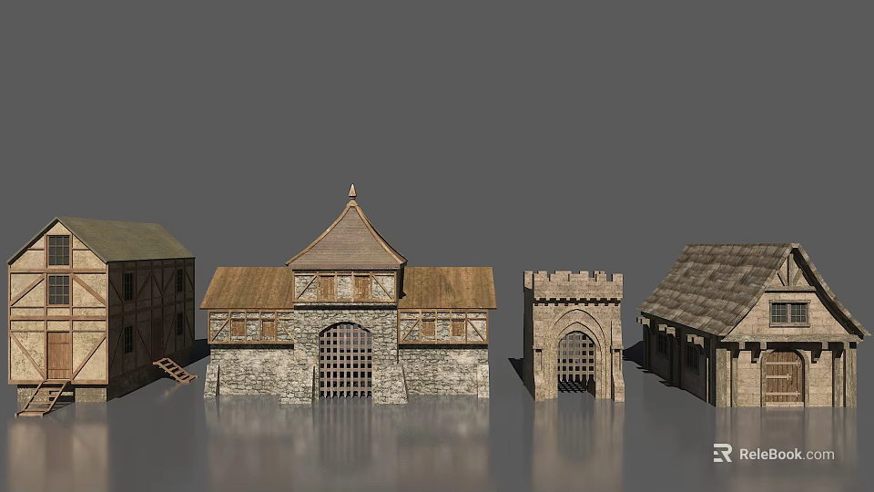 Historical Building Models With Ancient Stone Wood Structures Tower Gate And Gabled Roof 3d model 